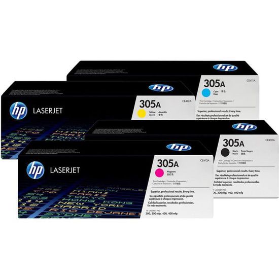 Lot de 4 toners HP Original 305A cyan, magenta, jaune, noir (CF370AM, CE410A)